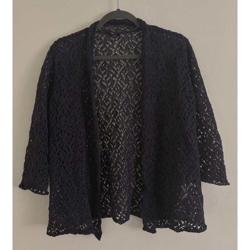 Eileen Fisher Blue Metallic Open Knit Linen Blend Cardigan Shawl XS